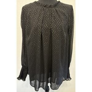 Cynthia Rowley Black Lined Blouse with Gold Keyhole Neck Ruffled Cuff Size 2X